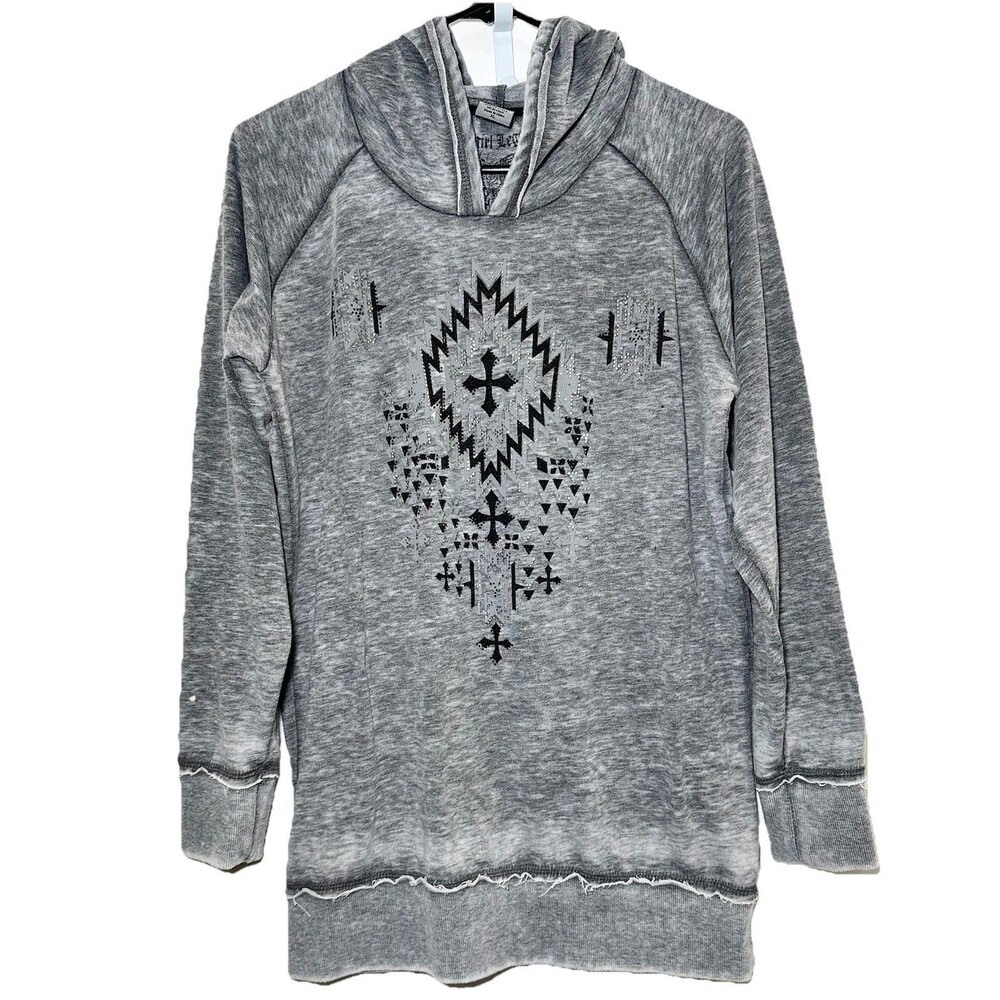 Vintage Style Aztec Burnout Hoodie Tunic Gray Raw Hem Western XL